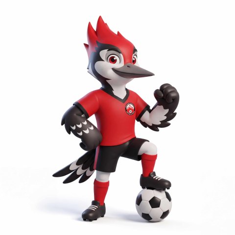 Il Picchio, mascotte del MG Denti della Vecchia, in divisa rossa e nera con il piede sul pallone